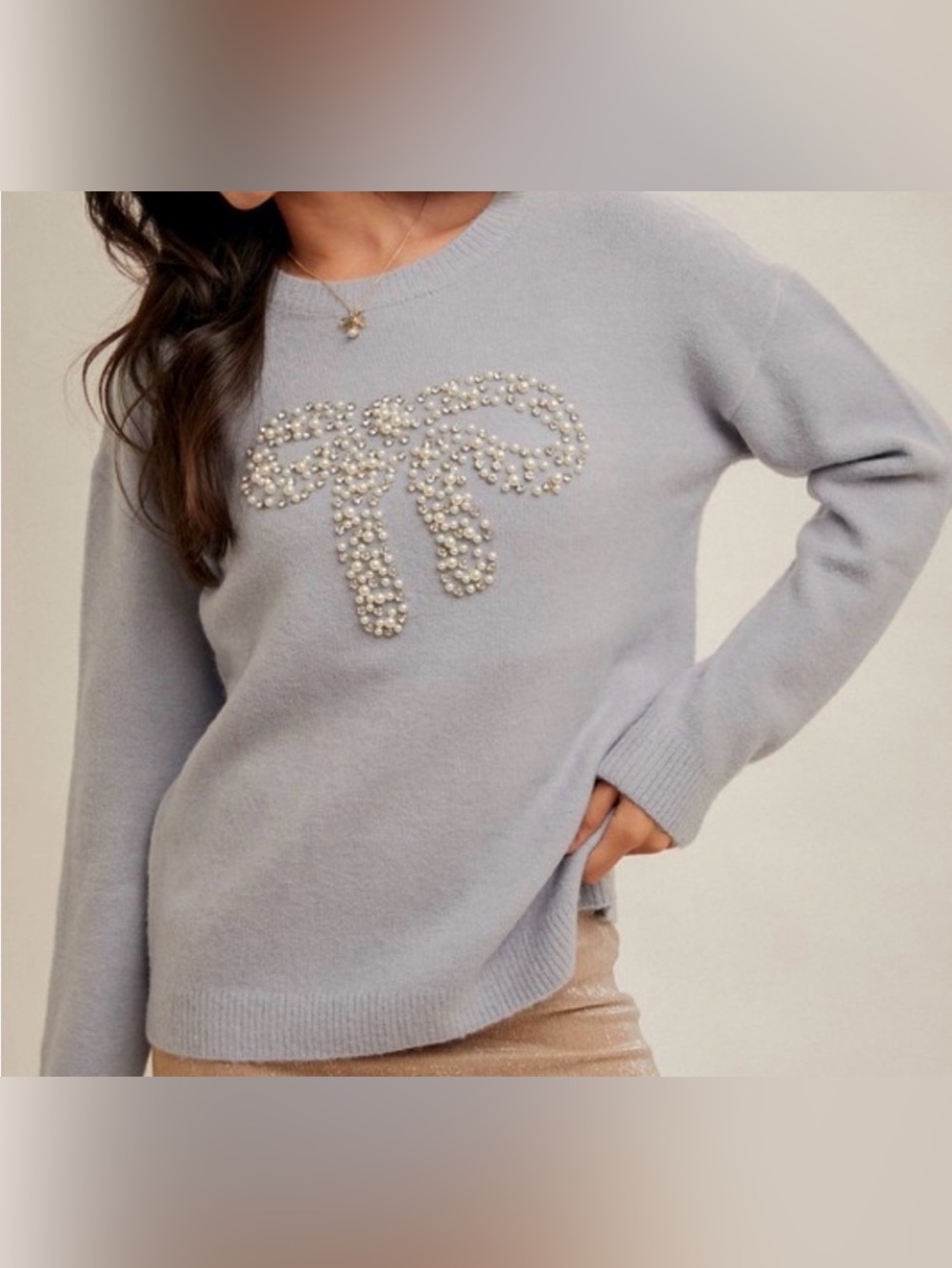 Hem & Thread Blue Rhinestone Pearl Bow Sweater Sz M NWOT